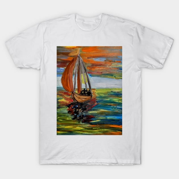 A father and his two sons out for a evening sailing at sunset . T-Shirt by kkartwork